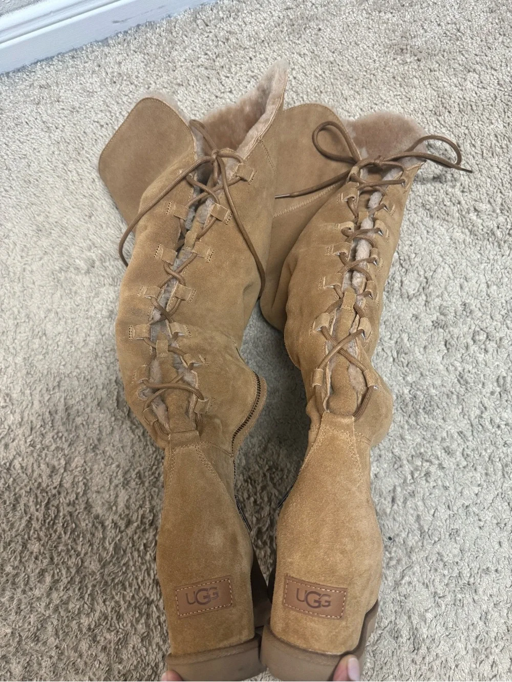 UGG Over-the-Knee Suede Lace-Up Boots in Chestnut Tan